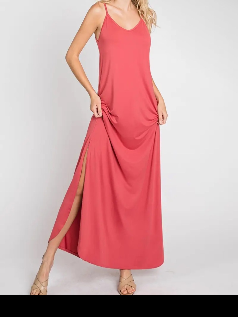 Women's Coral Maxi Slip Dress with POCKETS & Side Slit